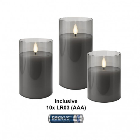 Goobay Set of 3 LED Real Wax Candles in Glass, Grey-Transparent, incl. 10x AAA (LR03)
