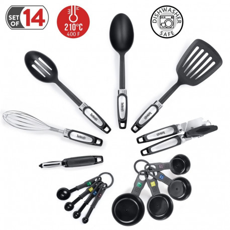 Tatkraft Grip 14-Piece Kitchen Utensils Set, Turner, Peeler, Can Opener, 4 Measuring Cups, 4 Measuri