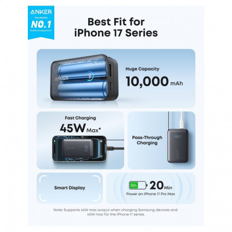Anker Nano akupank 10 000 mAh 45W 1x USB-C 1x USB-A 1x sissetõmmatav 70 cm USB-C kaabel, must