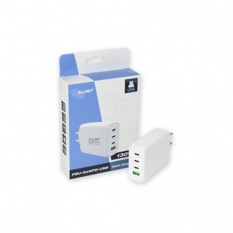 Z ALLNET asendav toiteadapter QC USB-C PD GaN 130W 1x USB Typ-A QC 3x USB Typ-C EU-pistik