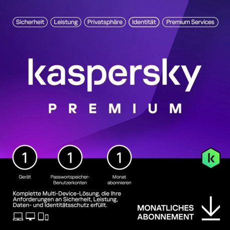 Kaspersky tarkvara tellimus Premium 1 seadmele 1 kuu, ESD-allalaadimine