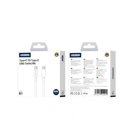 Jellico B1 Durable-Soft Universal USB-C to USB-C Data & Fast PD 20W Charger Cable 1m White