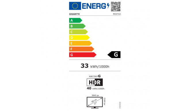 Gigabyte MO27U2 27-tolline OLED UHD 240 Hz 0.03 ms 3840 x 2160 pikslit 1000 cd/m² 2 HDMI porti must
