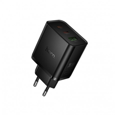 Phone charger Hoco 2x USB C + USB A QC3.0 PD 3A 65W N75 black