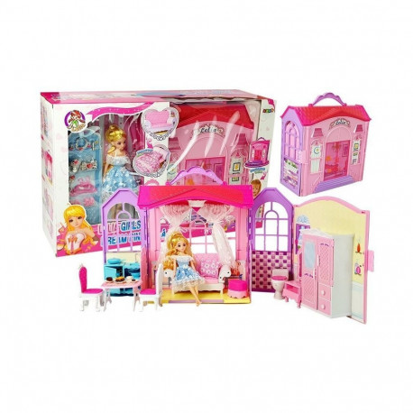 Rozkładany Domek dla Lalek Lalka Blondynka z Akcesoriami Kuchnia Toaleta Sypialnia w Walizce