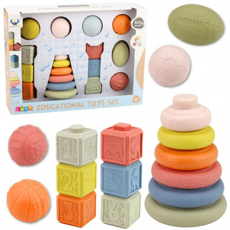 Pehmete sensoorsete mänguasjade komplekt, pallid, püramiid, klotsid, 18-osaline