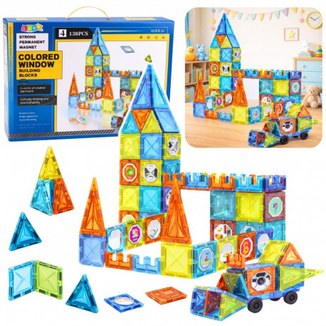 Harivad magnetklotsid akende ja sõidukiga, 3D kleepsud, 138 el.