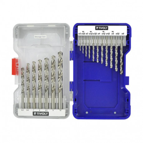 Tivoly metallipuuride komplekt – 18-osaline Ø2–10 mm, "split point", 30° N-spiraaliga, HSS, silindri