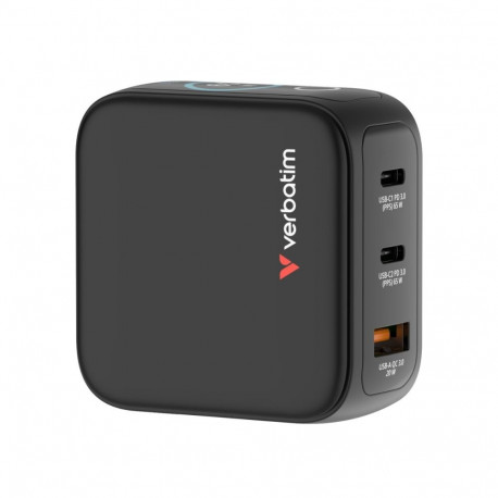 USB-laadija seinapesasse Verbatim Mini GaN displeiga - 65W, 2xUSB-C Power Delivery (PD3.0), USB-A Qu