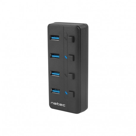 Natec USB 3.0 jaotur, Mantis 2, 4-pordiline, sisse/välja lülitiga ja AC-adapteriga, must