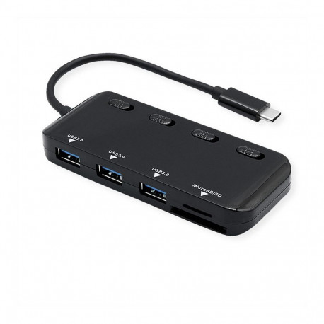 "ROLINE USB 3.2 Gen 1 Hub, 3fach, Typ C Anschlusskabel, mit CardReader, Ports einzeln schaltbar"