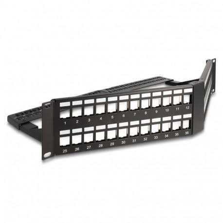"19"" Keystone Patchpanel 48 Port mit Entlastungsschiene 2 HE gewinkelt schwarz"