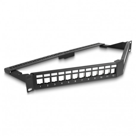 "19"" Keystone Patchpanel 24 Port mit Entlastungsschiene 1 HE gewinkelt schwarz"