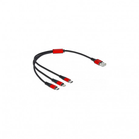 "Delock USB Ladekabel 3 in 1 Typ-A zu Lightning™ / 2 x USB Type-C™ 30 cm schwarz / rot"