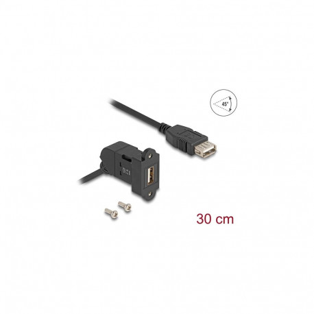 "Keystone Modul USB 2.0 Typ-A Einbaubuchse 45° gewinkelt zu Typ-A Buchse mit 30 cm Kabel schwarz"