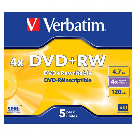 1x5 Verbatim DVD+RW 4,7GB 4x Speed, matt hõbedane Jewel Case