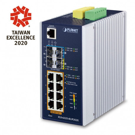Planet IGS-6325-8UP2S2X tööstuslik L3 8-port PoE SFP+ hallatav Etherneti kommutaator