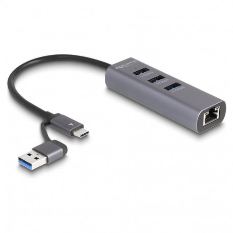 "DELOCK 3 Port USB 5 Gbps Hub + Gigabit LAN mit USB Type-C oder USB Typ-A Anschluss im Metallgehuse"