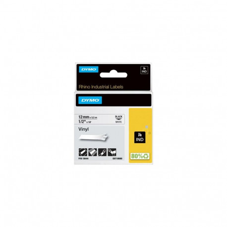 DYMO Rhino Industrial Vinyl Labels | 12 mm x 5.5 m | Black Print on White | Self-Adhesive | for Rhin