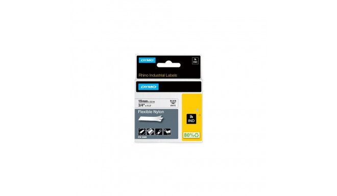 Dymo Rhino Industrial -joustava nailontarra, 19 mm x 3,5 m, musta valkoisella pohjalla