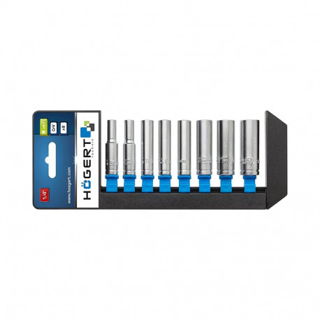 Hogert HT1A886, 8 tk 1/4" pikad kuuskantpesakomplekt, 5.5-13mm, CrV50BV30, DIN 3124