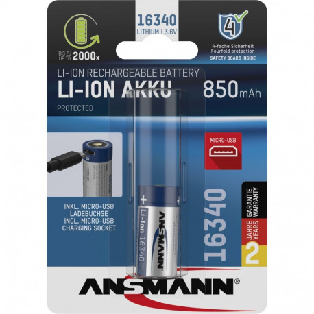 Ansmann 16340 Li-Ion Akku 850mAh 3,6V Micro USB Input  1300-0015