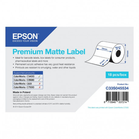 Epson Premium matid stantsitud etiketid - 76 x 51 mm - 650 etiketti seadmele Epson TM-C3400-LT