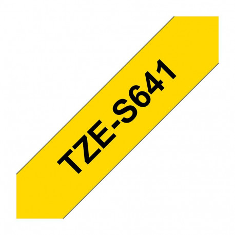 Brother TZe-S641 etiketiteip, 18mm x 8m, must kollasel, tugevalt kleepuv
