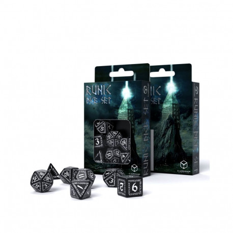 Dice Set - Runic Runes 7 Black Plastic White Engravings 45g