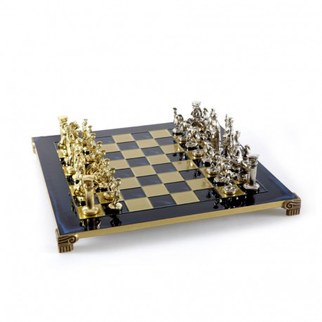 Chess Set - Manopoulos Greek Roman Metal with 44cm Board, Wooden Case, Blue