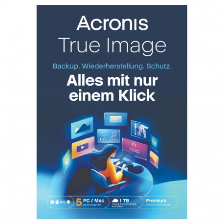 "Acronis True Image Premium - 5 Computers + 1 TB Acronis Cloud Storage - 1 year subscription - ESD-D