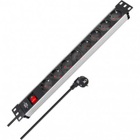 Brennenstuhl Alu-Line 19" 8-way power strip with switch, black/aluminum, 1U, 2 meter cable, for netw