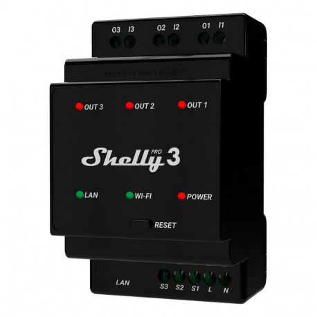 Shelly Pro 3 relee WLAN LAN 3x 16A 3 kanalit 3-faasiline Max. 48A BT DIN-liistule