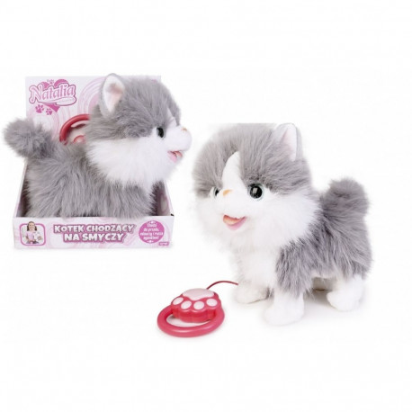 Maskotka interaktywna kot chodzący na smyczy szaro-biały