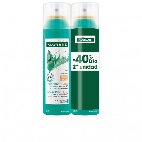 KLORANE A LA ORTIGA champú seco seborregulador cabellos castaño/moreno pack 2 x 150 ml