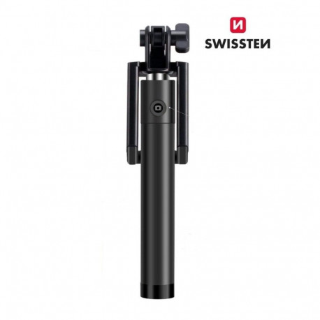 Swissten Wired Selfie Stick 81cm ar iebūvētu pogu statīvā Melns(Boj.iepak)