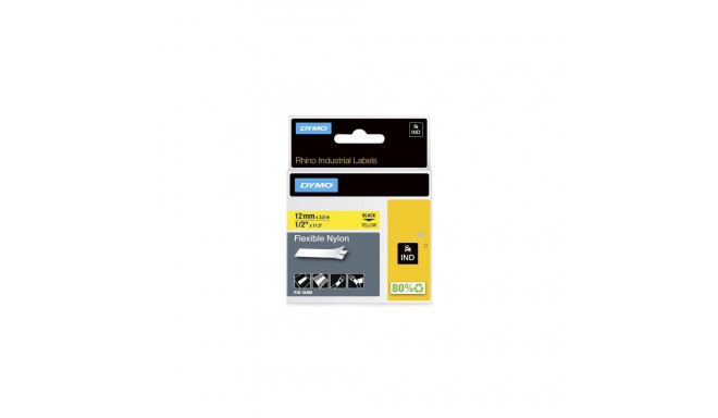 DYMO Rhino Industrial Flexible Nylon Labels | 12 mm x 3.5 m | Black Print on Yellow | Self-Adhesive 