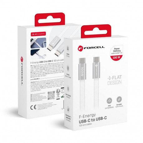 Cable USB C to USB C Forcell F-Energy QC4.0 PD 5A 100W Cafule Flat 1,2m CCFN23 white