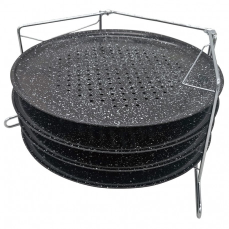 Formy do pizzy 4szt,, czarne, średnica 32,3cm, z czteropoziomową podstawka ze stali, zestaw 5 elemen