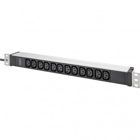 pdu 19" alumiiniumprofiiliga 12x C13 1HE 2m kaabel ühefaasiline 16A maandusega pistik, must/alumiini
