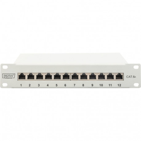 10" patchpaneel DN-91612S-EA-G 12-port Cat.6a 1HE raki kinnitusega varjestatud, hall