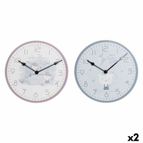Wall Clock DKD Home Decor Blue Pink Wood Metal Plastic MDF Wood Children's Bird 24 x 3 x 24 cm (2 Un