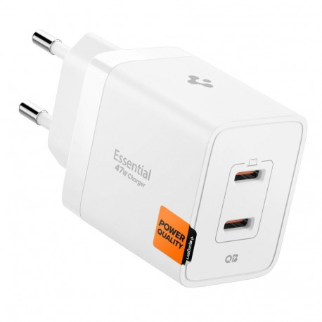 Toalaadija adapter Essential 47W Dual, 2x USB-C juhtmele, valge, GaN-Pro kiirlaadimine, EE472EU, Spi