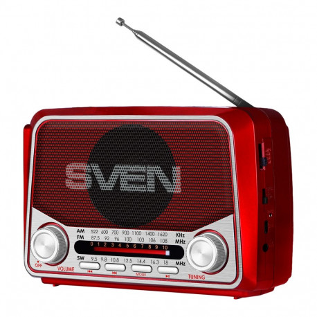 Speaker SVEN SRP-150, red (3W, Bluetooth, FM/AM/SW, USB, microSD, flashlight, battery)
