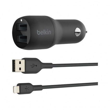 Belkin autolaadija Dual USB-A 24W Lightning kaabliga 1m, must