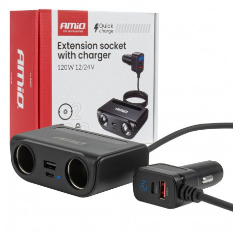 Sigaretisüütaja pesa jagaja USB-C USB-A laadijaga QC3.0 PD3.0 120W AMIO-04837
