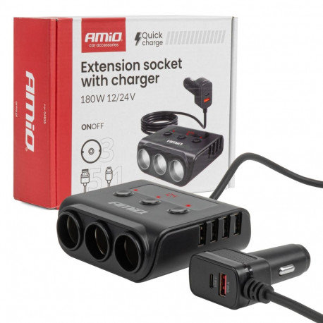 Amio sigaretisüütaja jagaja laadijaga amio-04835 4xUSB-A QC3.0 PD 3.0 180W