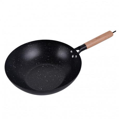 Patelnia wok 30 cm, stal węglowa, powłoka marmurkowa nieprzywierająca, drewniany uchwyt, kinghoff, k