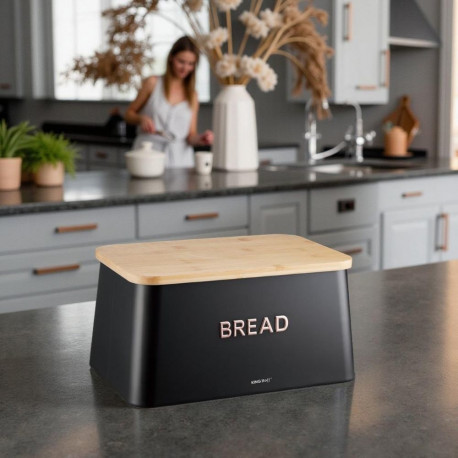 Chlebak stalowy, bambusowa pokrywa-deska do krojenia, czarny, kinghoff, kh-1948