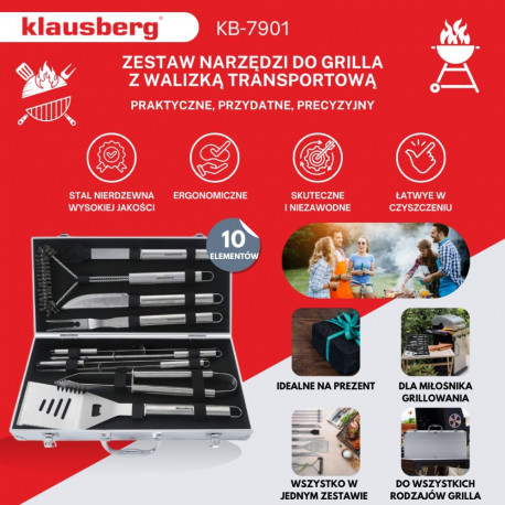 Klausberg grillimiskomplekt KB-7901 10-osaline roostevabast terasest kohvris